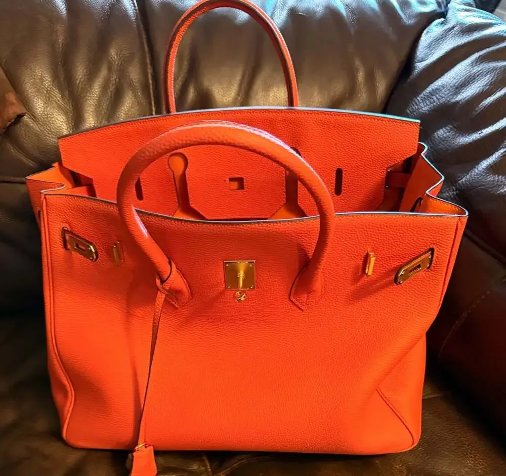 Orange leather tote bag